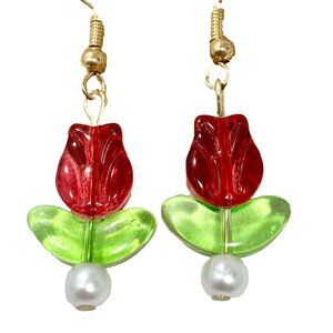 Murano Style Art Glass Tulip Flower Earrings Red Green Gold Plated Pearl Beads